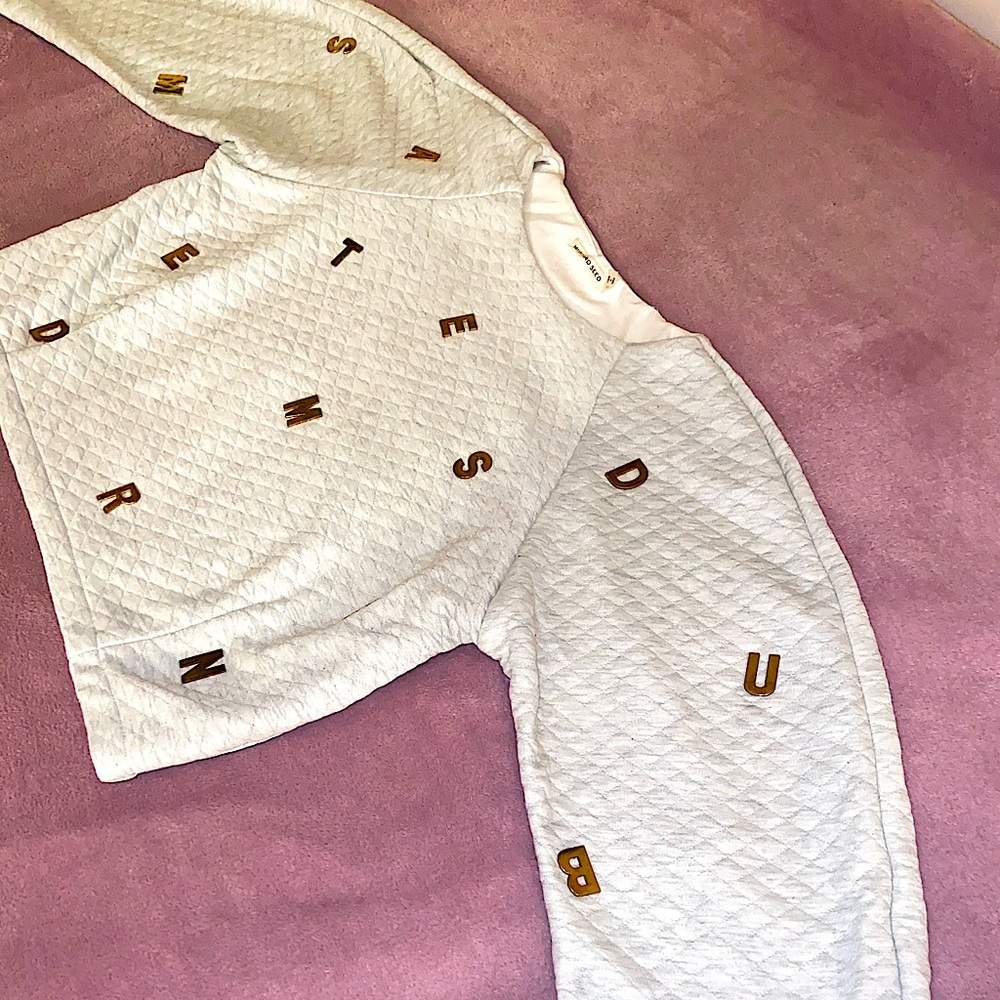 Nasty Gal Quilted Gray Gold Letter Sweater Medium - Picture 3 of 7